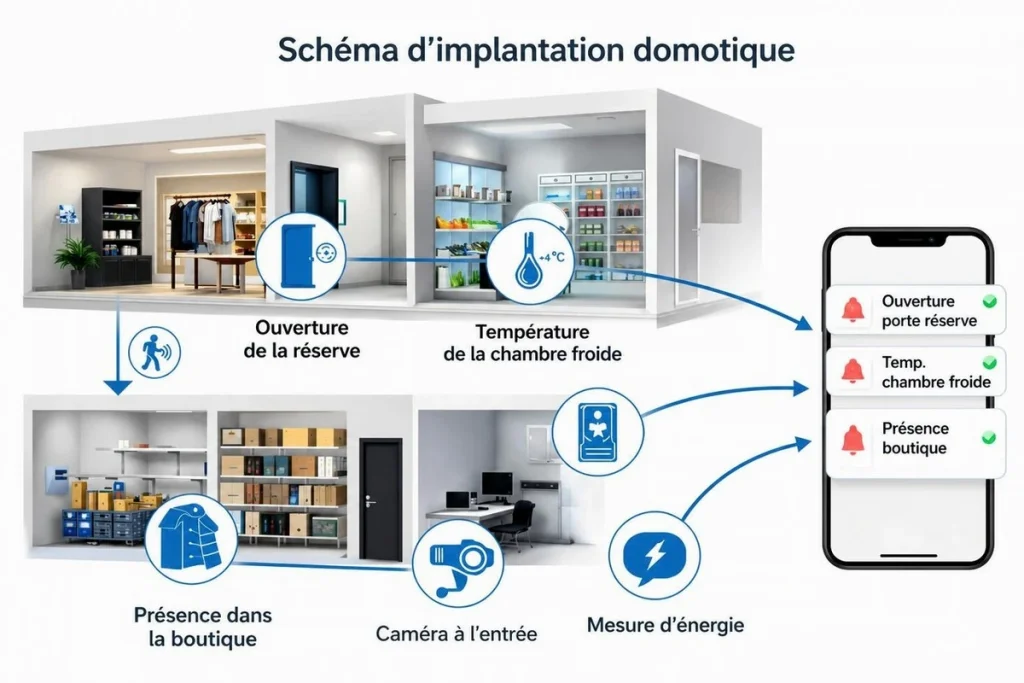 Schéma d'implantation domotique dans un commerce : capteurs d'ouverture, de température, de présence et de fuite d'eau reliés à des alertes sur téléphone