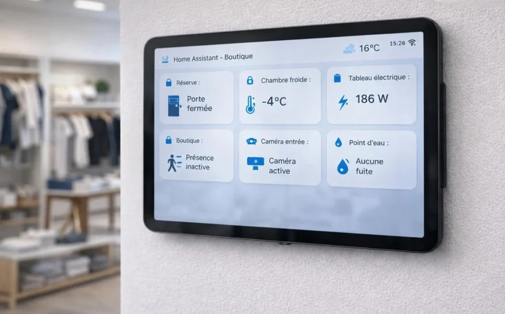 Tableau de bord Home Assistant affichant l'état des capteurs d'un commerce : porte de réserve, température de chambre froide, consommation électrique et caméra