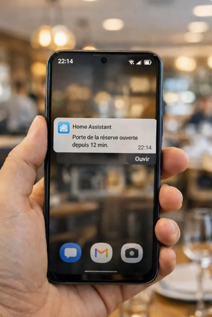 Notification Home Assistant sur téléphone signalant une porte de réserve restée ouverte après la fermeture