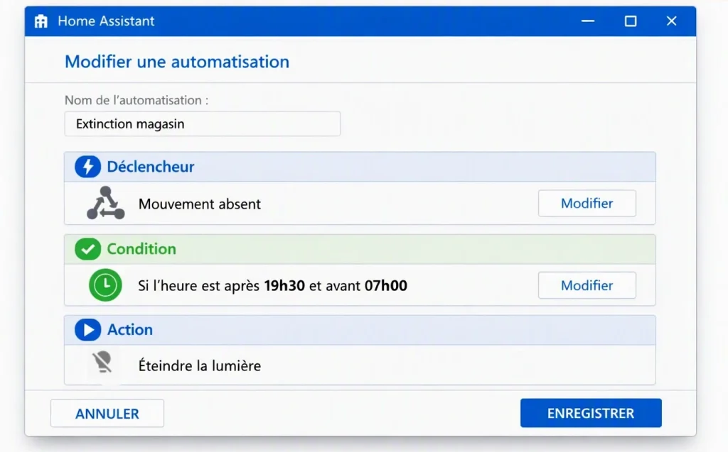 Éditeur d'automatisation Home Assistant : déclencheur sur la température de la chambre froide, condition horaire et envoi d'une notification